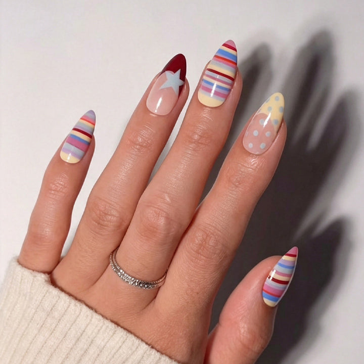 Artificial nail set with colorful stripes and creative designs Kalsten