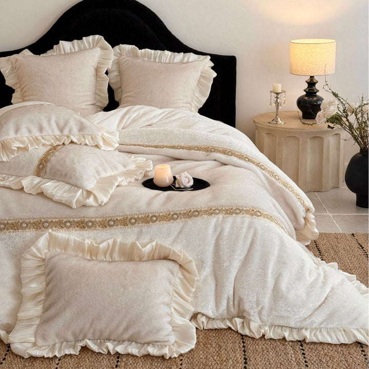 Romantic velvet bedding set with gathered satin frills and decorative ribbon