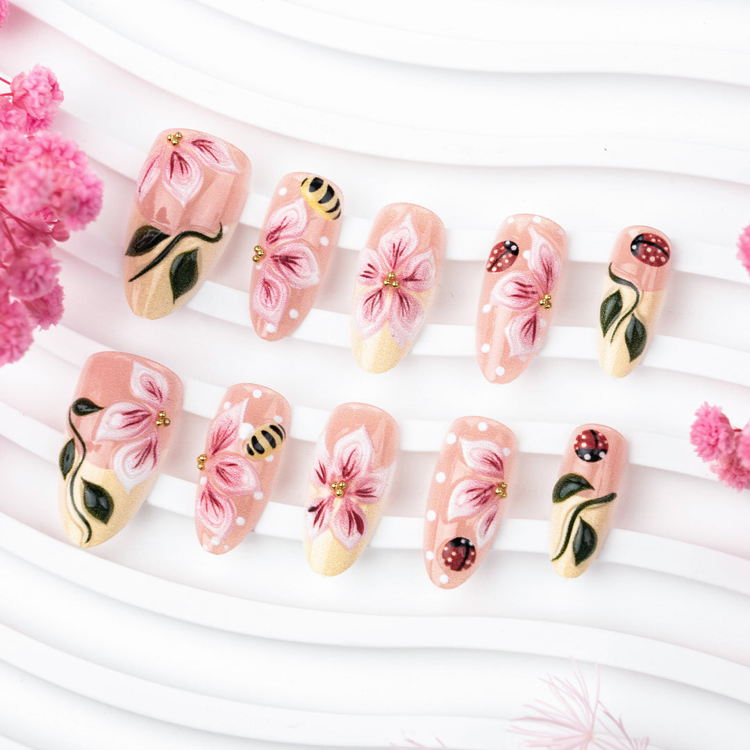 Artificial nail set with floral 3D applications and gloss finish Kalsten