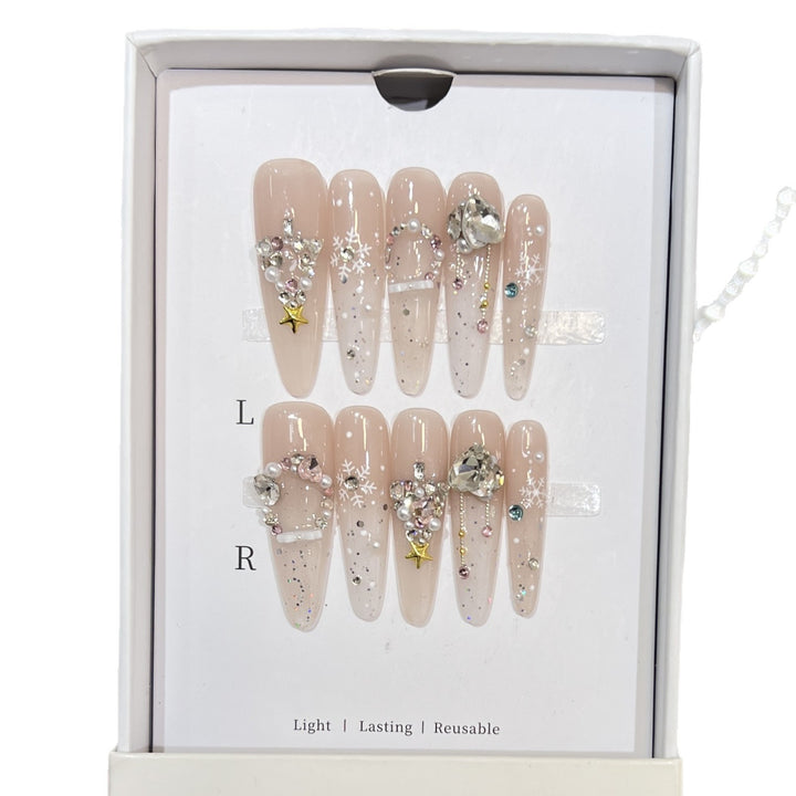 Artistic Press-On Nail Set with Snowflake and Gemstone Designs Kalsten
