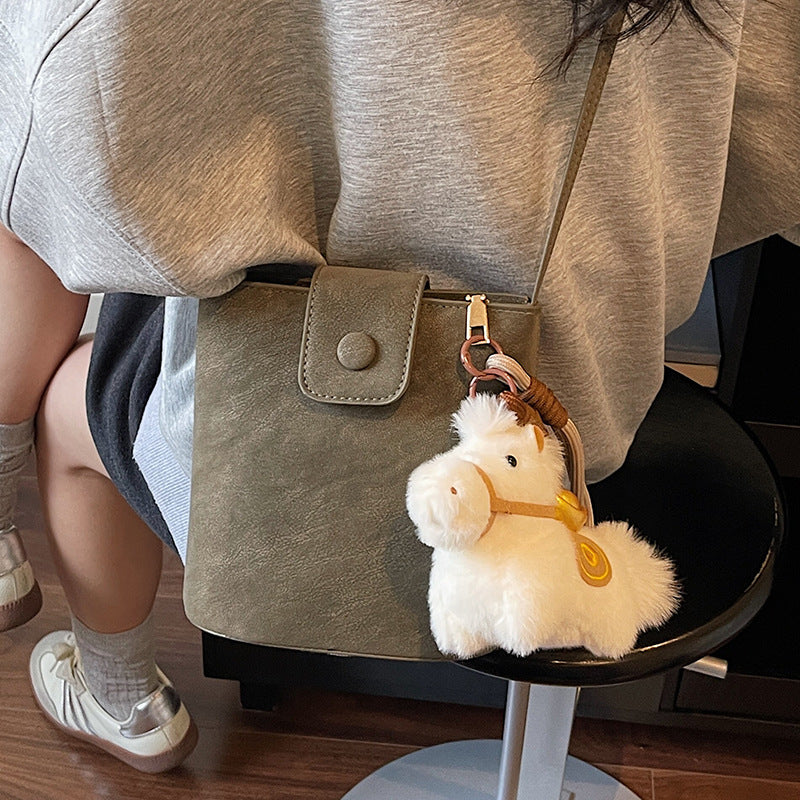Compact Crossbody Bag with Cute Plush Charm