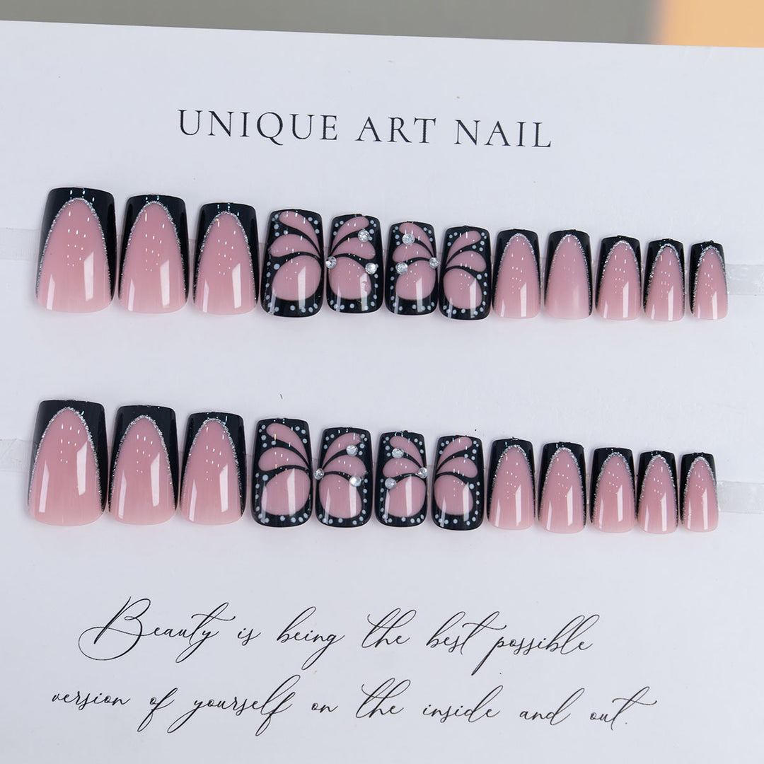 Artistic Press-On Nails with Rhinestone Accents