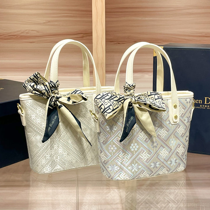 Elegant Handheld Tote Bag with Decorative Scarf