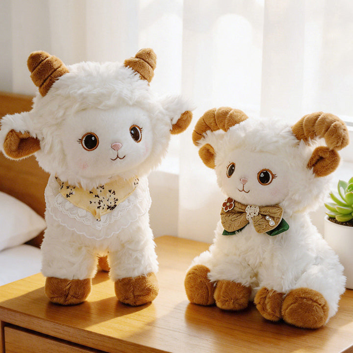 Curled-Horn Ram Plush Collectible with Embroidered Face, Bow Collar & Soft Faux Fur Kalsten