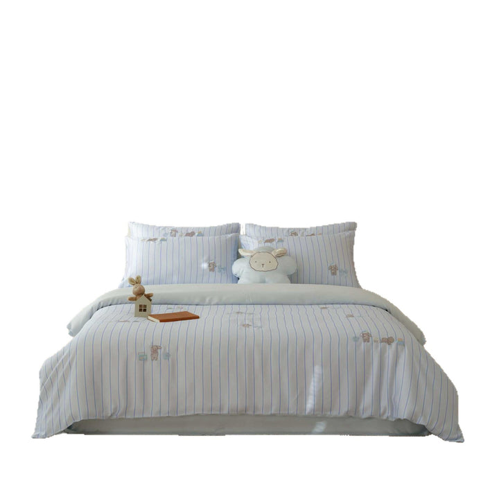 Children's bedding set made of high-quality cotton satin with fine stripes and applied bunny motifs