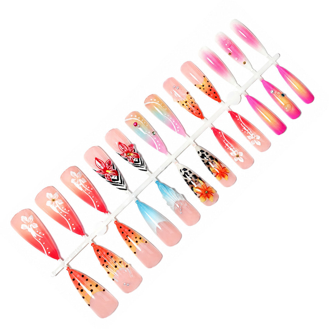 Acrylic nail set with creative floral design and glitter elements Kalsten