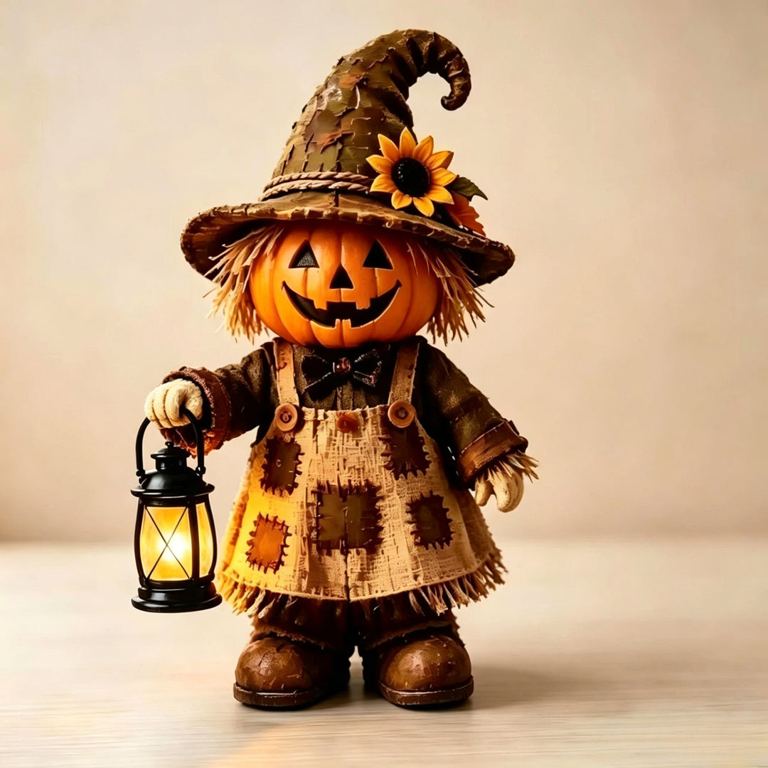 Handcrafted Halloween decoration pumpkin scarecrow with lantern