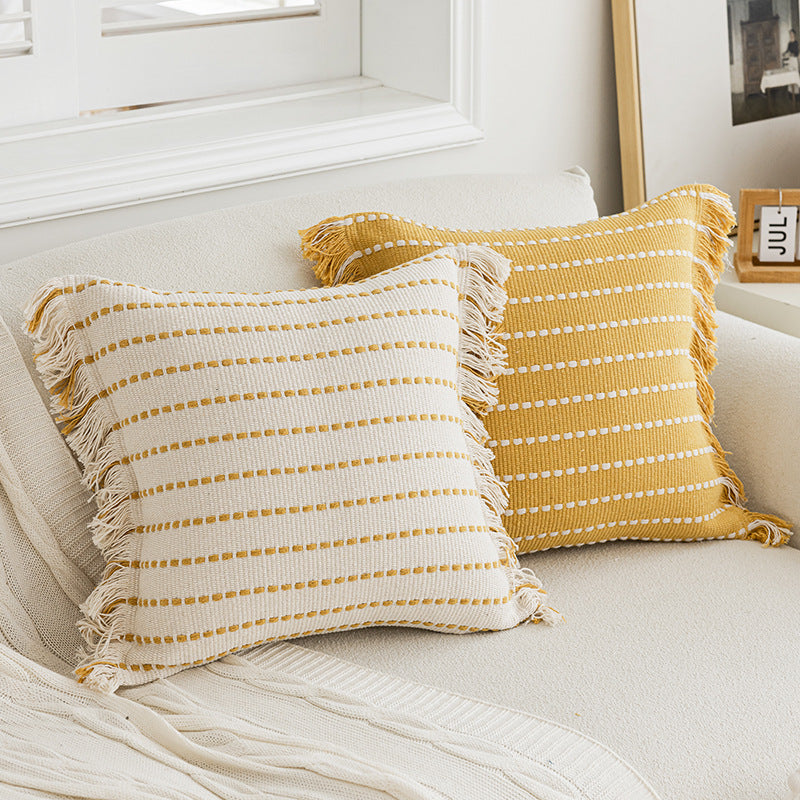 Woven Horizontal-Stripe Square Throw Pillow with Fringed Edges and Removable Cover
