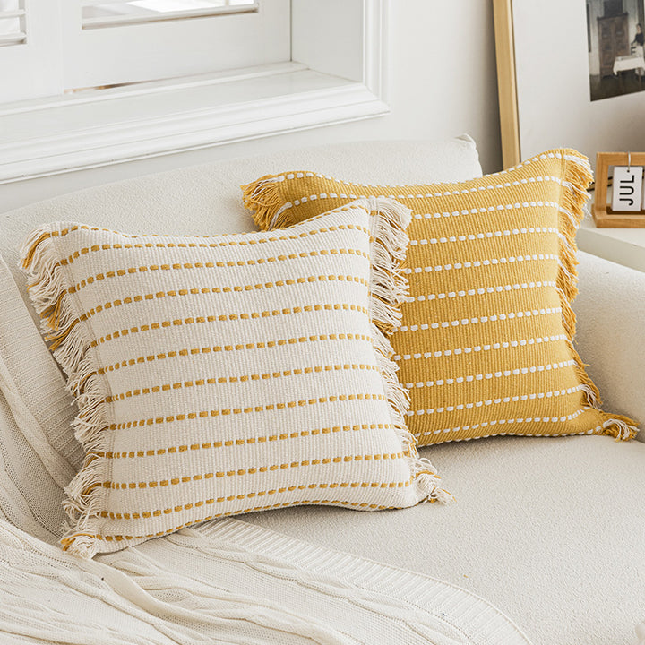 Woven Horizontal-Stripe Square Throw Pillow with Fringed Edges and Removable Cover