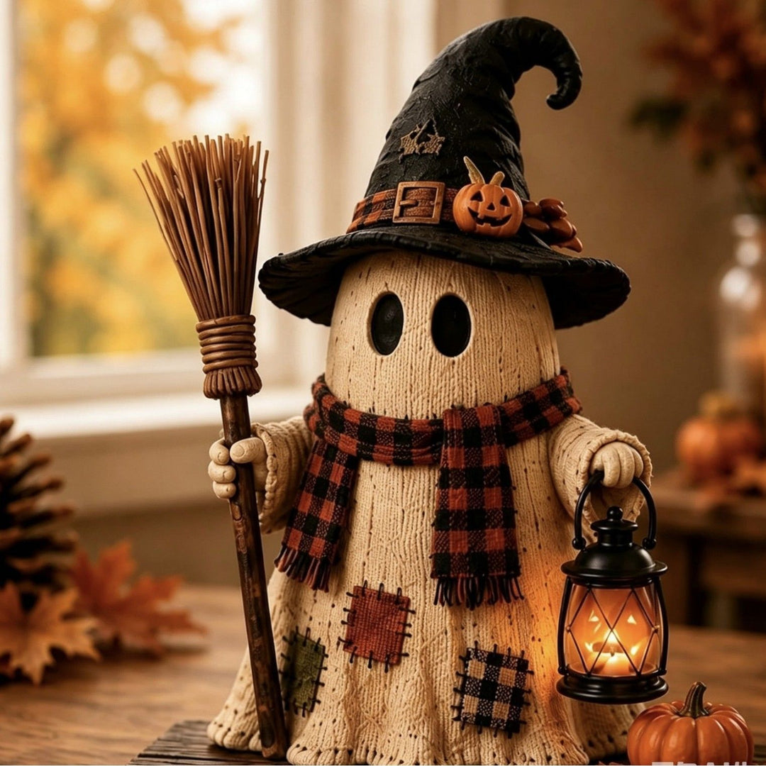Handcrafted Halloween decoration pumpkin scarecrow with lantern