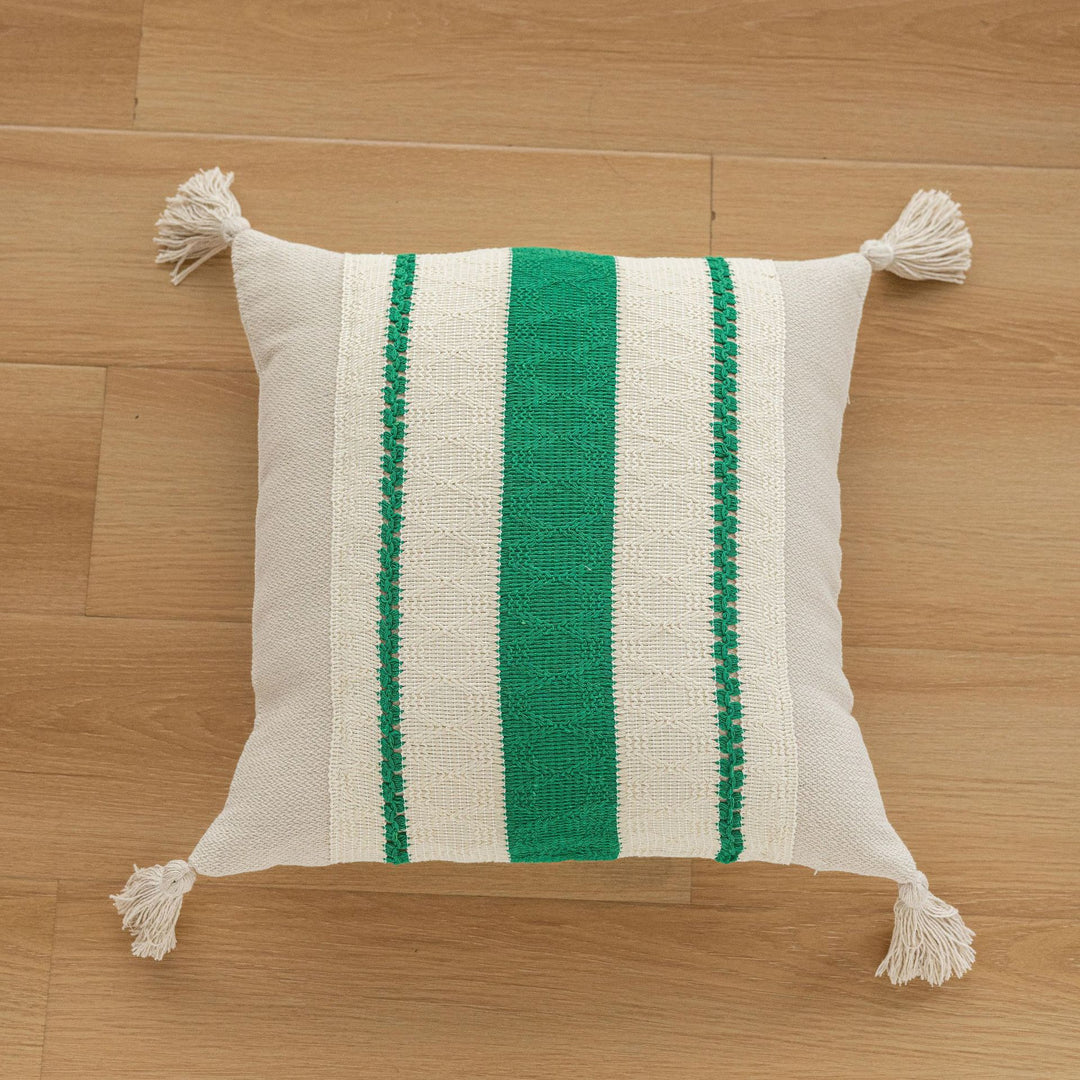 Square Handloom Cotton Accent Pillow with Vertical Embroidered Geometric Bands and Knotted Corner Tassels