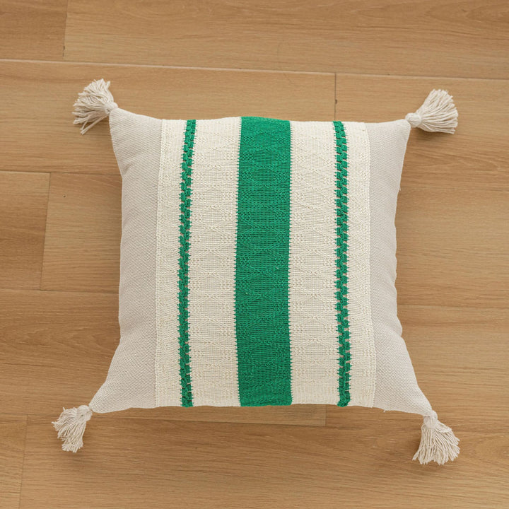 Square Handloom Cotton Accent Pillow with Vertical Embroidered Geometric Bands and Knotted Corner Tassels