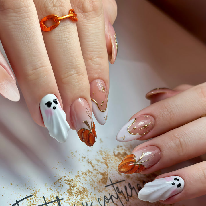 Creative artificial nails with autumn design and detailed accents Kalsten