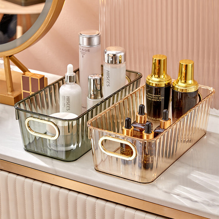 Transparent rectangular storage box with integrated carrying handles and ribbed side structure
