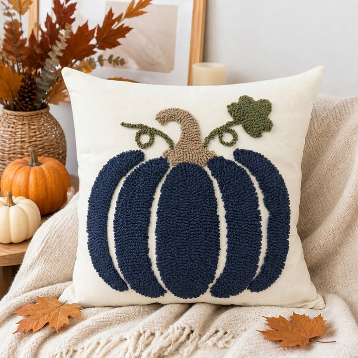 Seasonal Tufted Pumpkin Accent Pillow Cover with Chenille Loop Embroidery