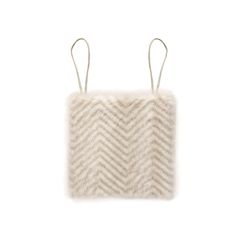 Fur Crop Top with Spaghetti Straps and Textured Zigzag Pattern