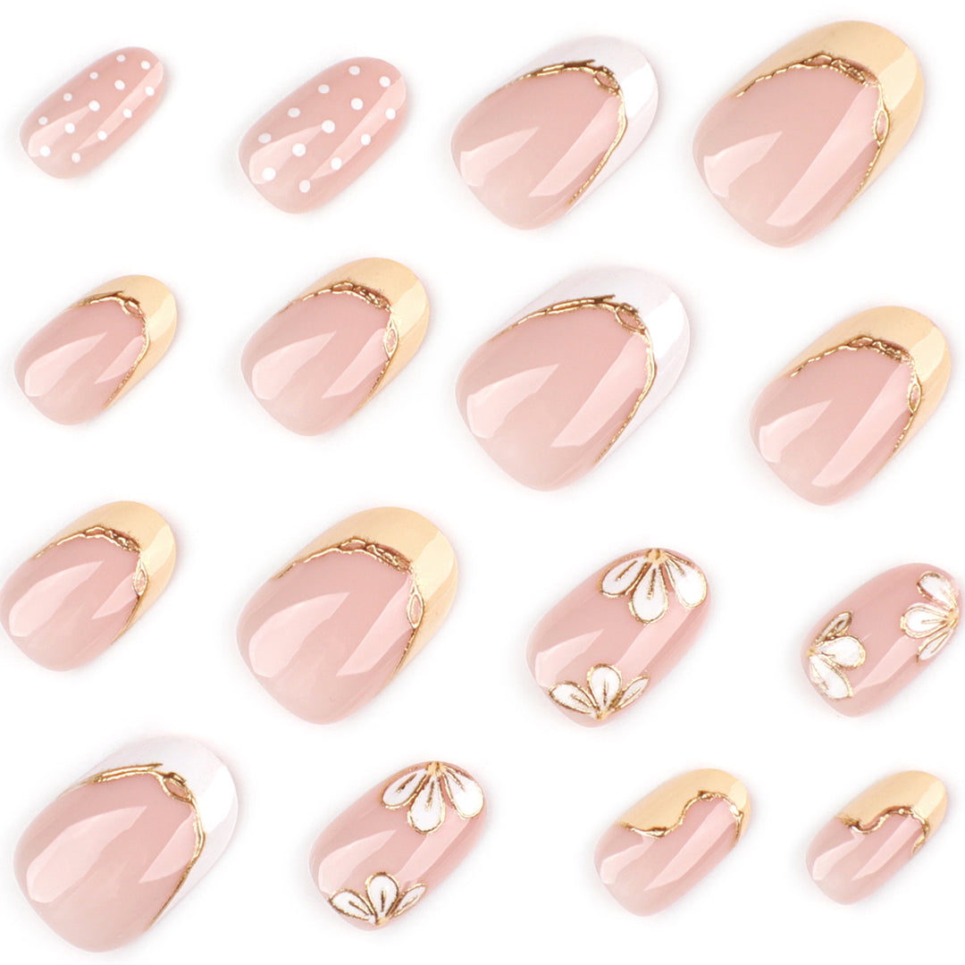 Artful Nail Extensions with Floral Design and Elegant Gold Accents Kalsten