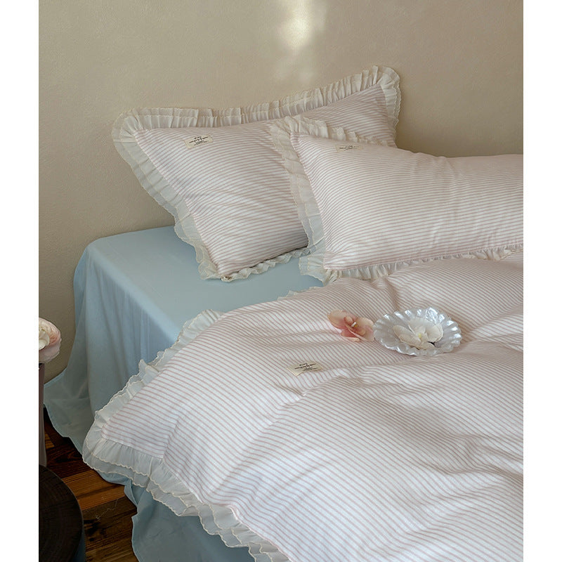 Bedding set made of cotton percale with a fine stripe pattern and gathered ruffle