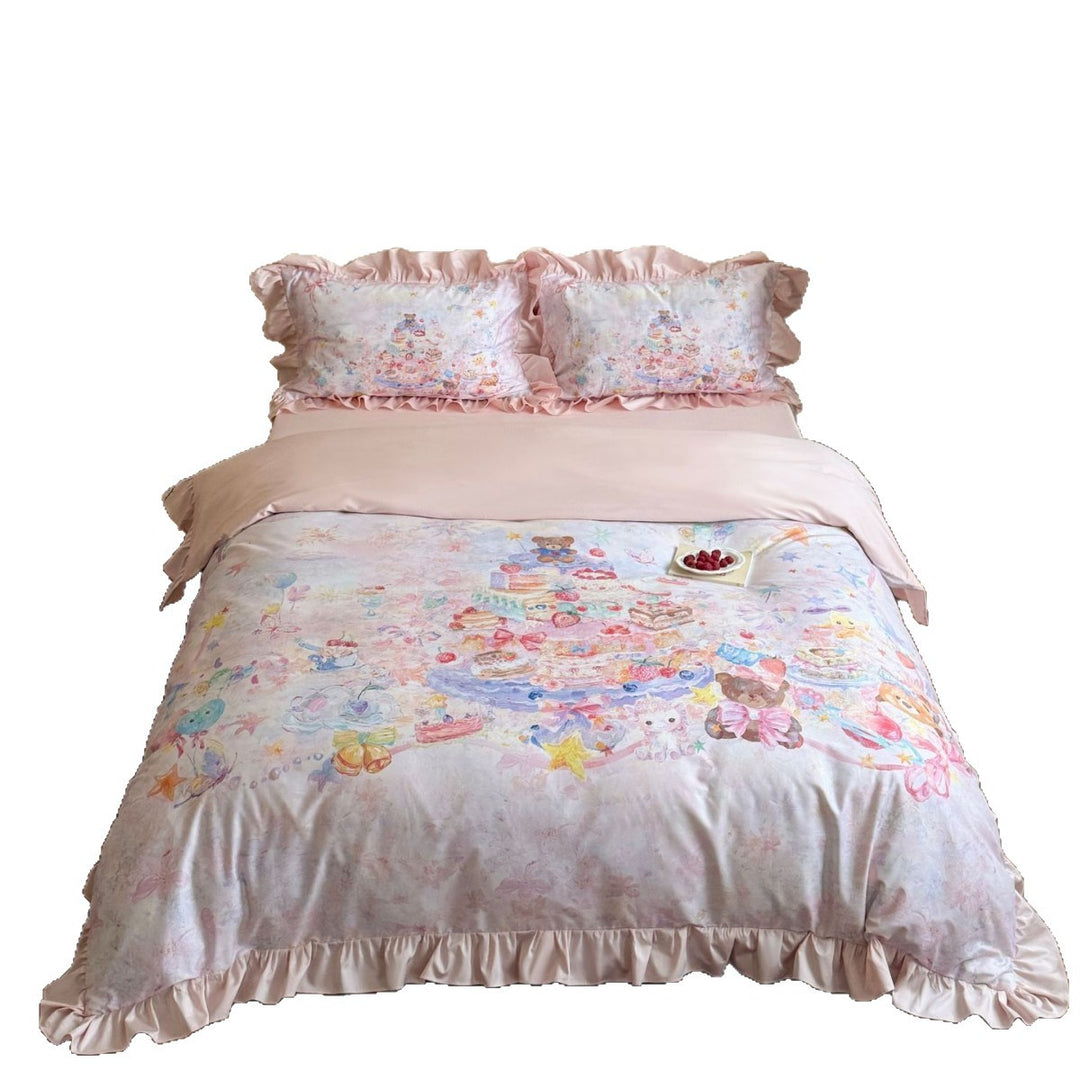 Playful cotton satin bedding set with ruffles and watercolor animal motif