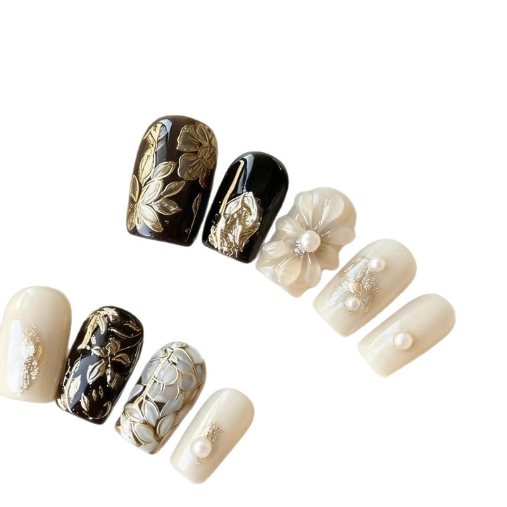 3D Floral Press-On Nail Art Set with Elegantly Crafted Designs