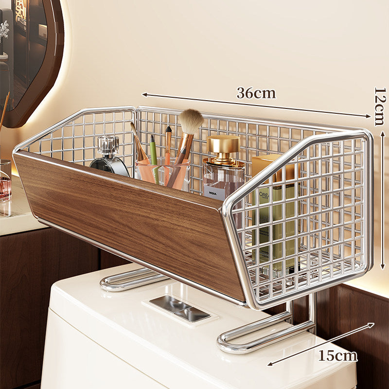 Elevated Mesh Bathroom Countertop Organizer Basket with Wood-Front and Chrome Frame