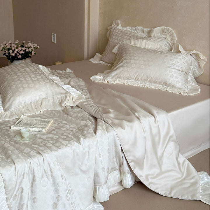 Satin comforter set with pleated ruffles and fine jacquard floral texture