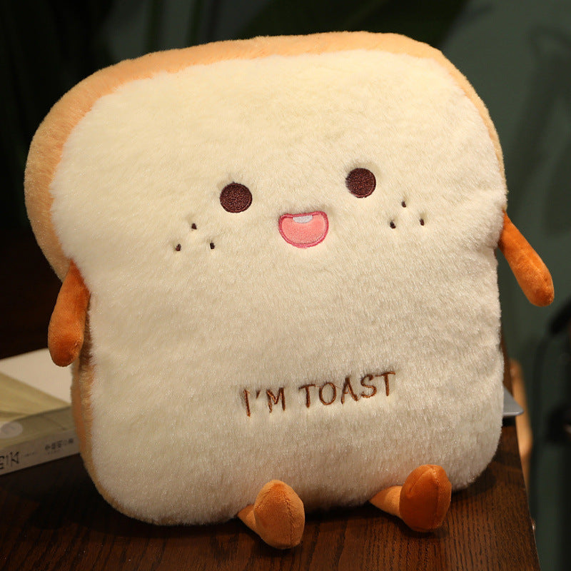 Cuddly plush cushion in toast shape with embroidery and soft filling
