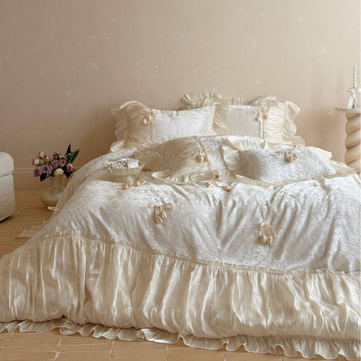 Velvet Bedding Set with Ruffles and Lace Trim