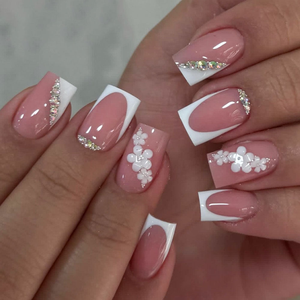 Decorative Press-On Nail Art Set with Floral and Rhinestone Accents