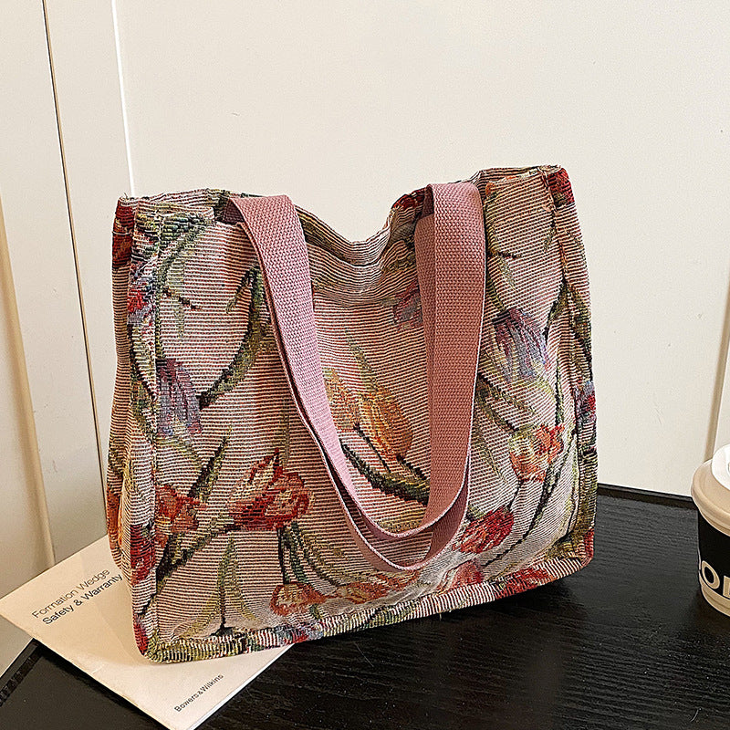 Floral Embroidered Shoulder Tote Bag