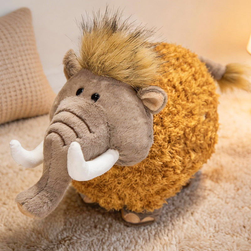 Round Woolly Mammoth Plush Cushion Toy with Curly Faux-Fur & Soft Trunk Kalsten