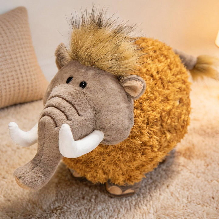 Round Woolly Mammoth Plush Cushion Toy with Curly Faux-Fur & Soft Trunk Kalsten