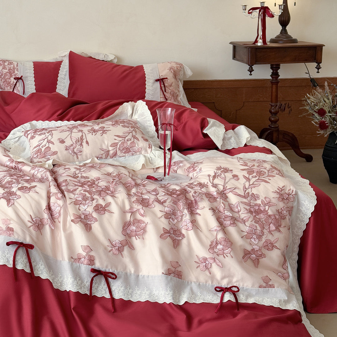 Romantic Cotton Bedding Set with Floral Embroidery, Lace Border and Decorative Ribbons