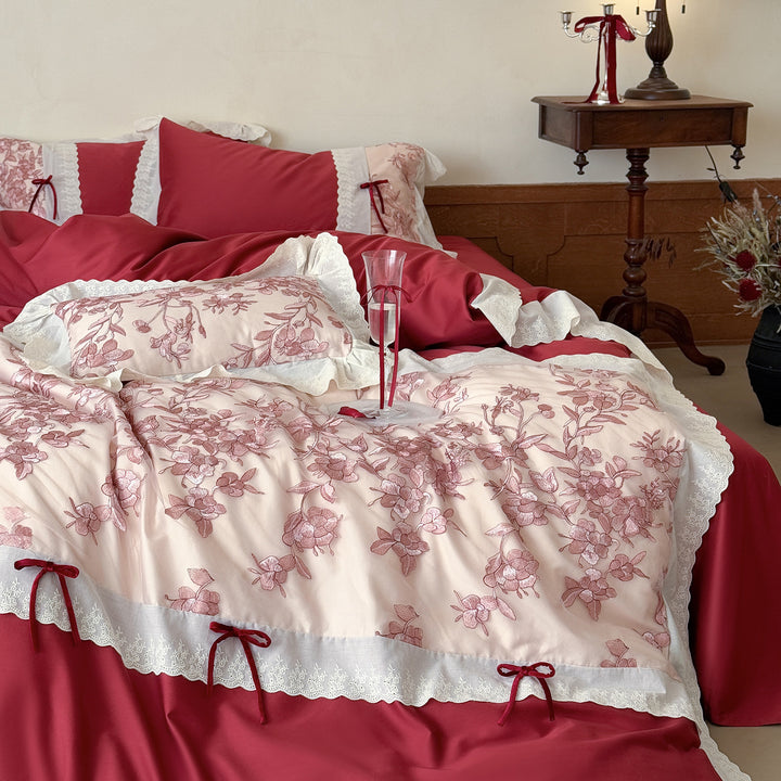 Romantic Cotton Bedding Set with Floral Embroidery, Lace Border and Decorative Ribbons