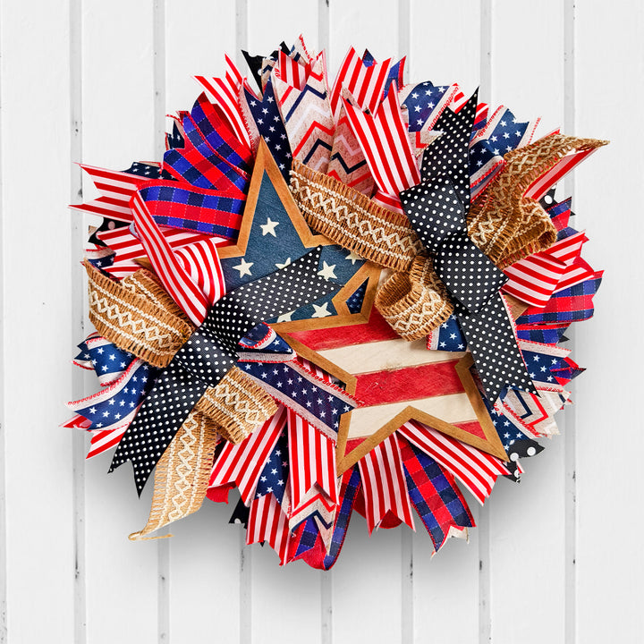 Unisex nan more patriotic door wreath with wooden star, multi-layered fabric bows and rustic jute ribbon Kalsten