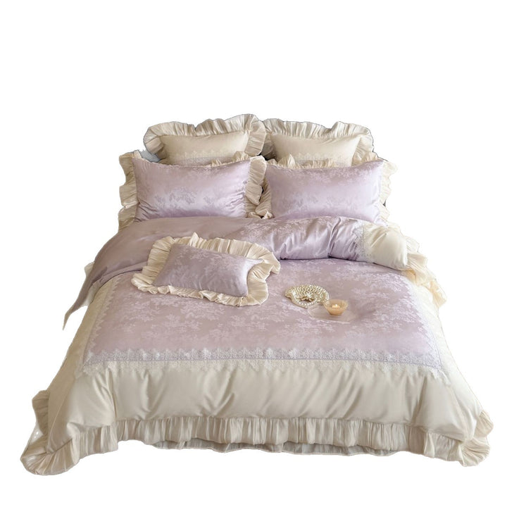Luxurious satin bedding set with ruffles, jacquard pattern and lace trim