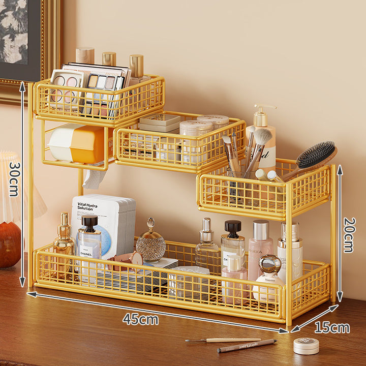 Multi-Tier Metal Mesh Vanity Organizer with Tissue Holder and Adjustable Shelves