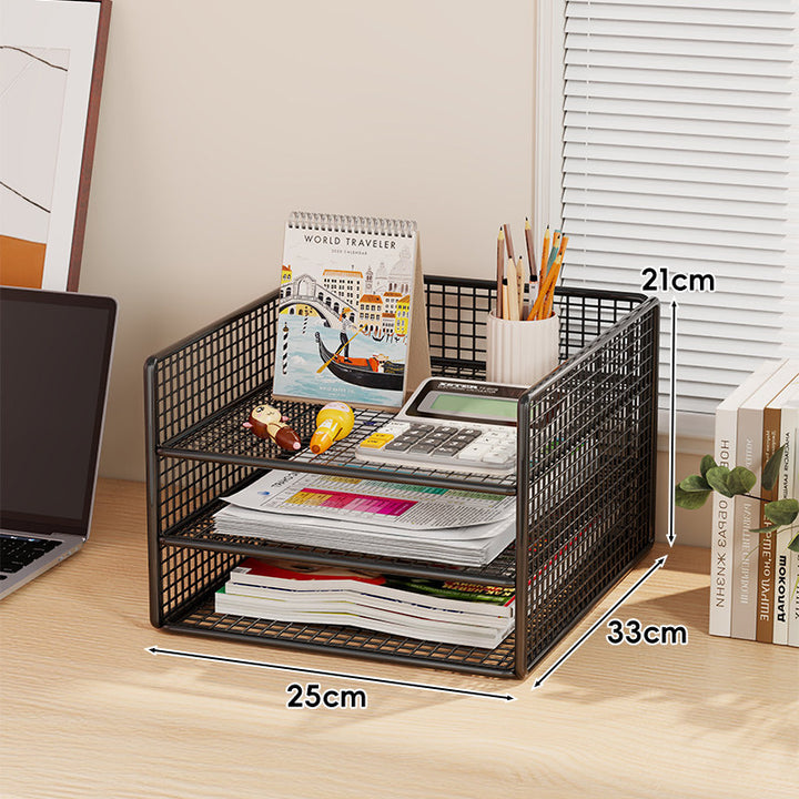 Multi-Tier Metal Mesh Desktop Document and Office Supply Organizer with Pull-Out Trays