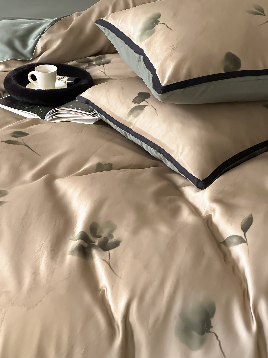 Luxury satin bedding set with floral print and elegant pillowcases