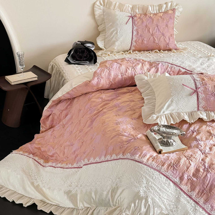 Jacquard bedding set with olive patterned quilted look, satin ruffle and lace panel