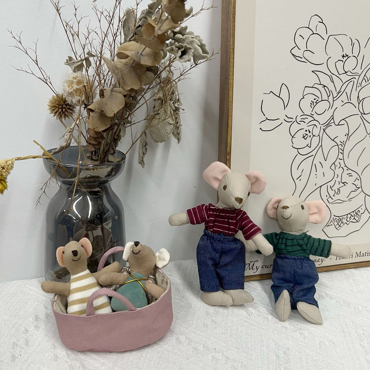 Artisan Linen Play Mouse Doll with Gingham Dress