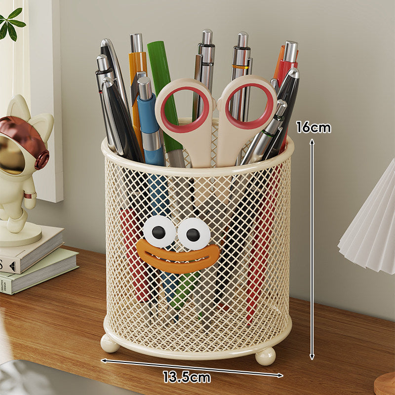 Metal Mesh Cylindrical Desktop Pen & Pencil Holder with Decorative Face and Rounded Feet