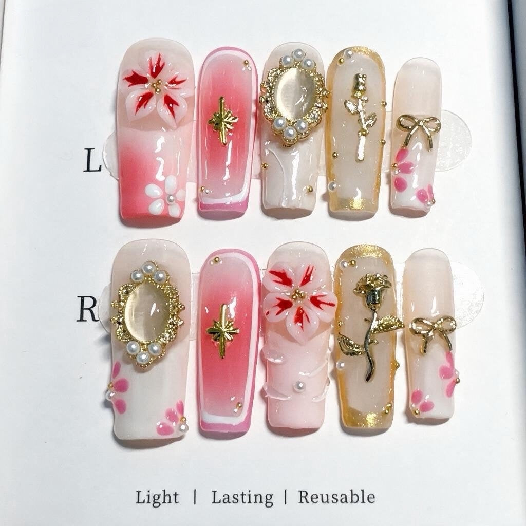 Elegant Floral Themed Press-On Nail Art Set