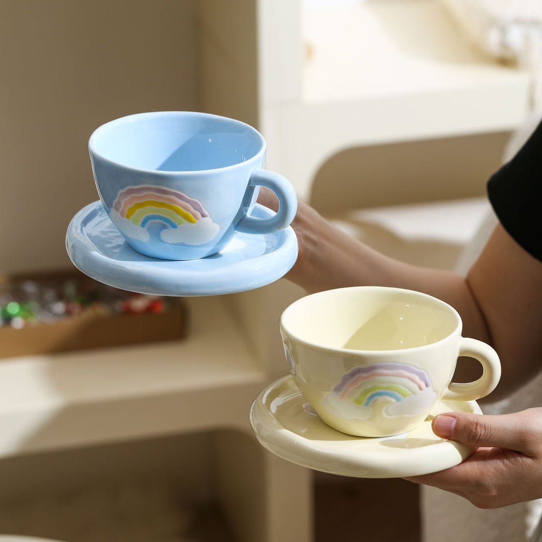 Pastel Design Ceramic Mug Set with Saucer and Raised Rainbow Relief