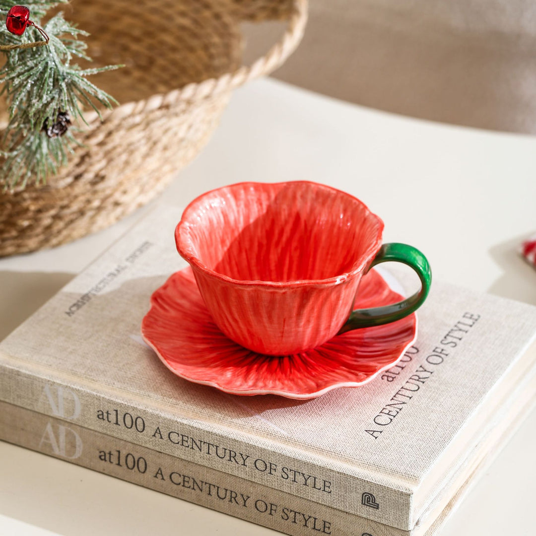 Ceramic mug with saucer in flower shape