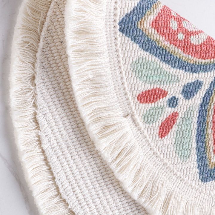 Round flat-woven cotton rug with mandala design and decorative fringes Kalsten