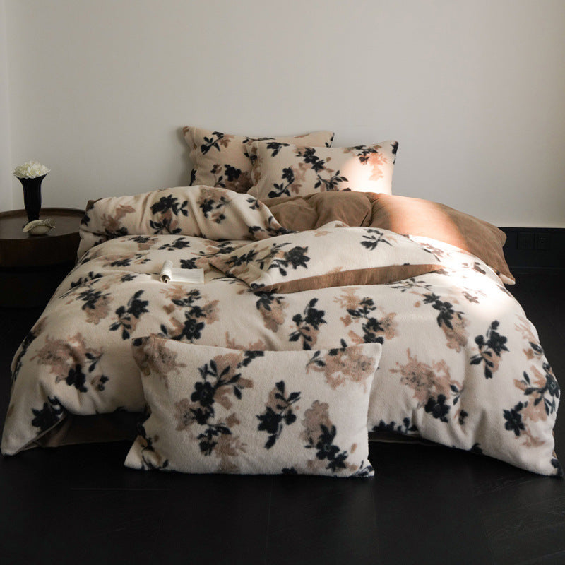 Cozy microfiber fleece bed set with floral velour texture
