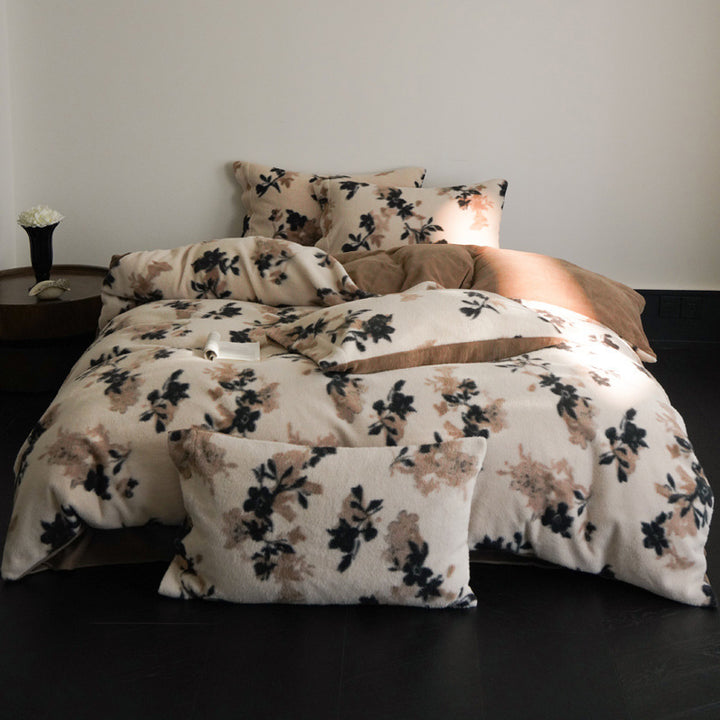 Cozy microfiber fleece bed set with floral velour texture