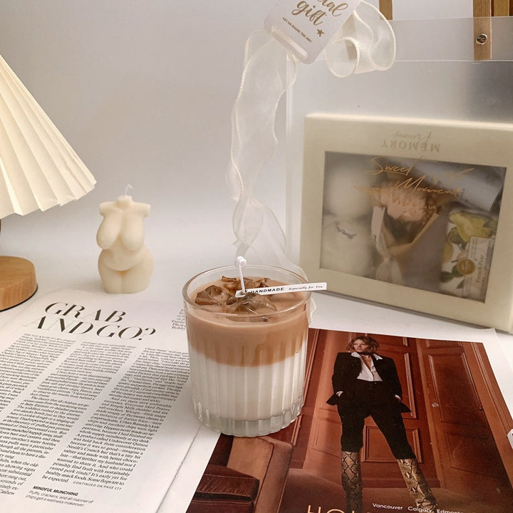 Hand-Poured Layered Latte-Glow Soy Candle in Ribbed Glass with Ice-Accent Top