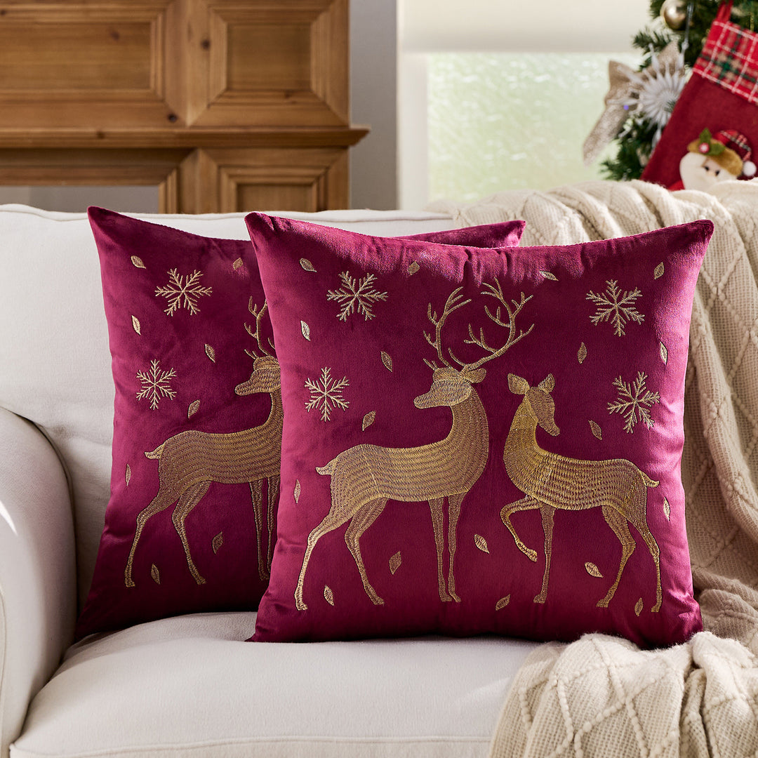 Velvet Embroidered Festive Accent Pillow Cover with Metallic Script